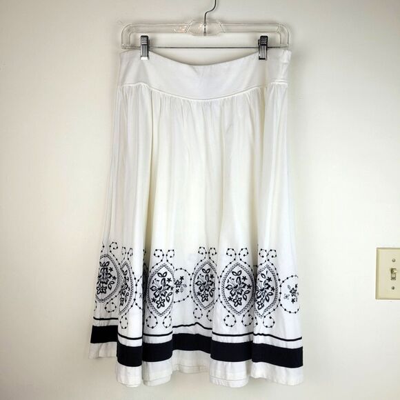 Talbots Dresses & Skirts - Talbots 100% cotton white flare skirt black embroidery elastic waist M boho
